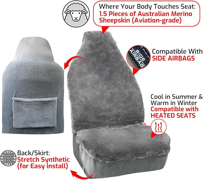 Aegis Cover Sheepskin Seat Cover Genuine Australian Merino Wool Front Seat Cover Luxury Dense Pelt Universal Fit for Most Cars, SUVs, Trucks, Bucket-Style, 54 X 22 Inches (Grey)