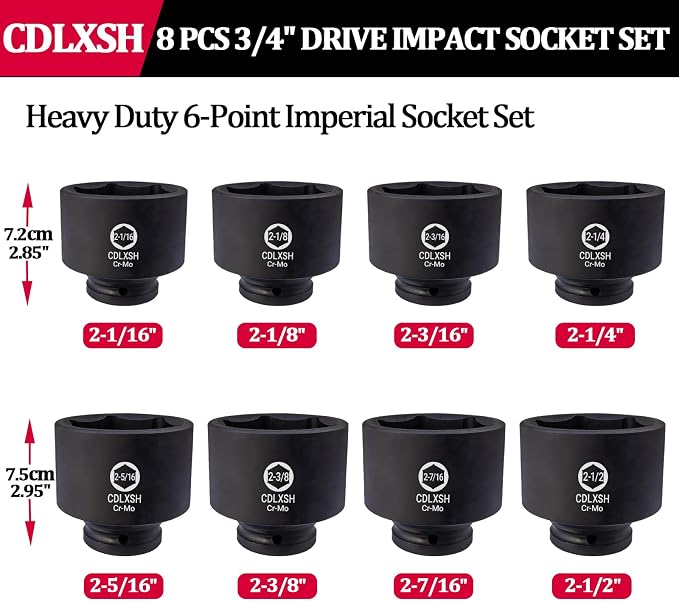 3/4" Drive Impact Socket Set, 8 PCS Heavy Duty Large SAE Socket Set | Standard 6-Point Jumbo SAE Sockets Sizes 2-1/16" to 2-1/2", Cr-Mo Steel, Overall Heat Treatment for Heavy Duty Use