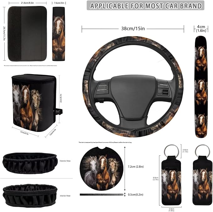 12 Pcs Automobile Seat Cover Set Western Horse Print Steering Wheel Cover Auto Seat Belt Covers Car Trash Can Keychain Holder Car Coasters Rear View Mirror Cover Keychains