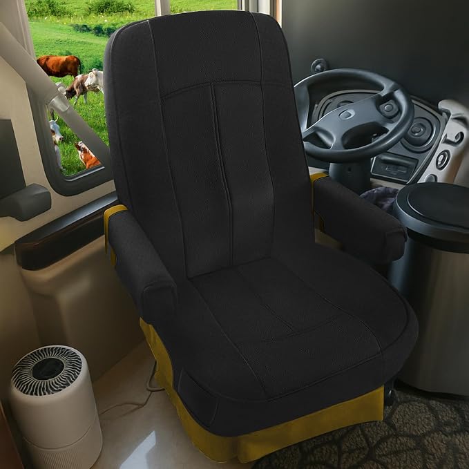 RV Seat Covers Compatible with Motorhome Captain Chairs, Driver & Passenger Leather and Neoprene Fabric Seat Covers,All Black