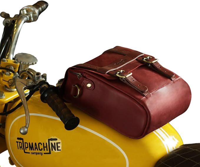 Trip Machine Company Genuine Leather Motorcycle Magnetic Fuel Tank & Tail Pillion Seat Mount Bag with Shoulder Strap and Rain Cover (Cherry Red)