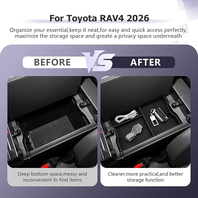 LUWU 2026 RAV 4 Center Console Organizer Compatible with 2026 Toyota RAV 4 Accessories Armrest Console Secondary Storage Box Insert Tray ABS Material Black (Not For Limited Trim)