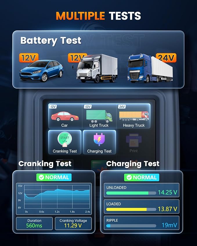 ANCEL BA101PRO Battery Tester for Car, Truck, SUV, RV, Boat, Heavy Duty Vehicles 12V/24V Lead-Acid Batteries, Cranking/Charging Battery Health Test, 2.8in Color Display
