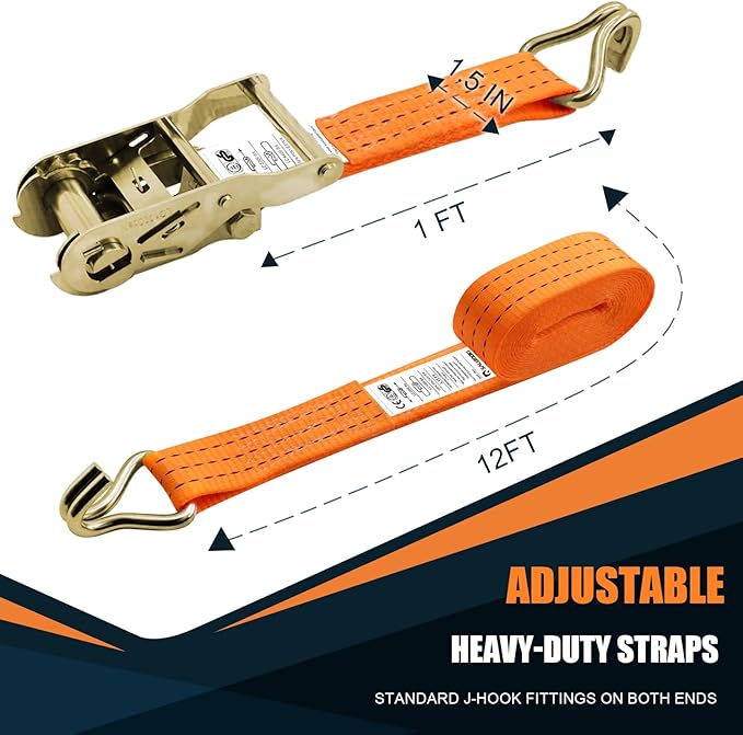 1.5 inch Ratchet Straps Heavy Duty 8 Pack 1-1/2 in x 12ft Cargo Load Tie Down Strap Double J Hook Orange 2200lbs Working Load for Trucks