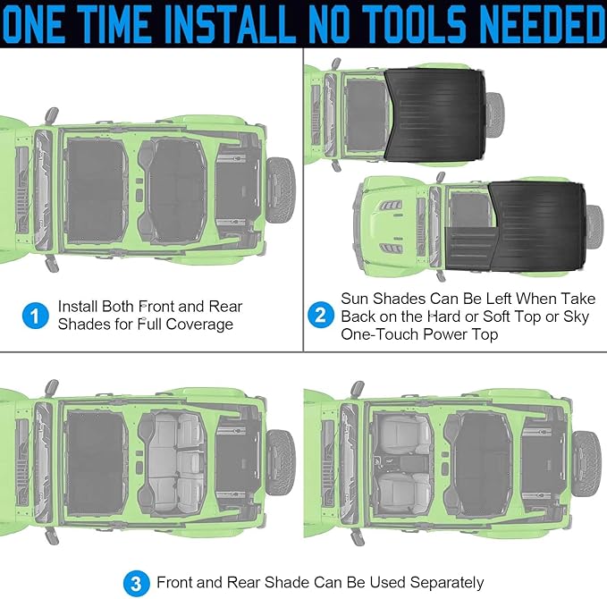 JL Top Sun Shade Roof Compatible with Jeep Wrangler 2 or 4 Door 2018 to 2023 Sunshade Sunroof Blocks UV Wind Noise Gray Mesh for Front and Rear 2 pcs