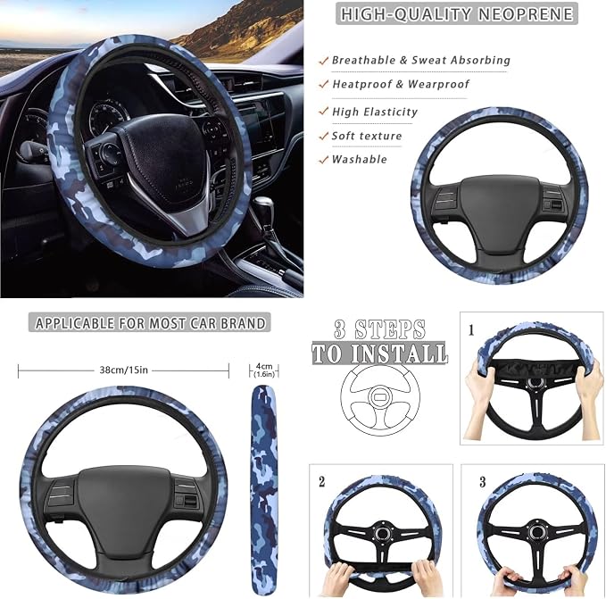 Blue Camo Pattern Auto Accessories Set of 10, Front and Rear Seat Covers Full Set, Steering Wheel Cover, Air Vent Storage Bag, Keychain, Car Trash Can, Cup Holders Car Interior Decor