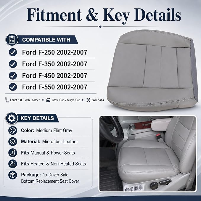 NLQR 4-Piece Front Seat Cover Set fit for Ford F250 F350 F450 F550 Lariat XLT 2002-2007 & Excursion 2002-2005-Driver & Passenger Bottom & Top Lean Back Replacement Microfiber Leather Seat Covers-Gray