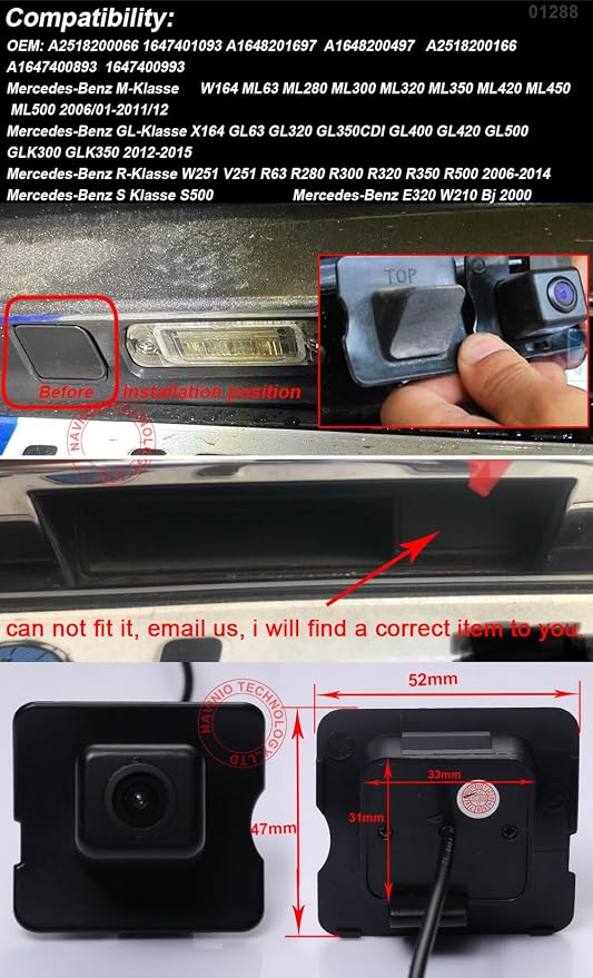 Vehicle Rear View Camera Waterproof Night Vision Back up Reverse Camera Replacement for Mercedes Benz MB ML320 CDI/ML350/ML300/ML250/ML63/W164/ML450