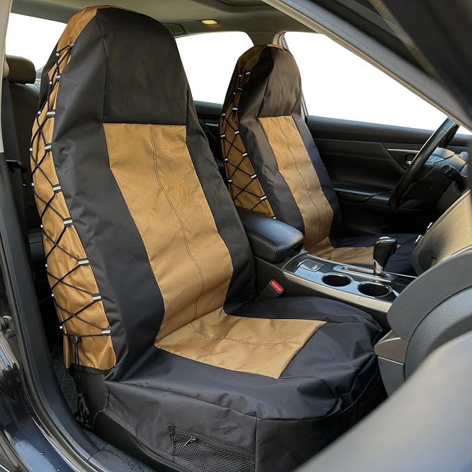 Tan Seat Covers for Cars Trucks SUV, Universal Canvas Tactical Multi-Pockets Organizers Rain Defender, Waterproof Seat Protectors Front Set (Tan Black)