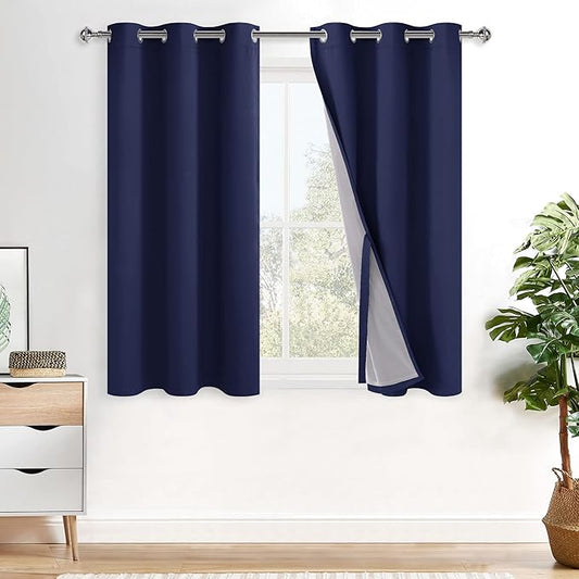 XWZO 100% Blackout Curtain Panels - Thermal Insulated Black Liner Short Curtains, Noise Reducing and Heat Blocking Drapes for Hall and Studio Windows with Tiebacks, Navy Blue, W42 x L45, Set of 2