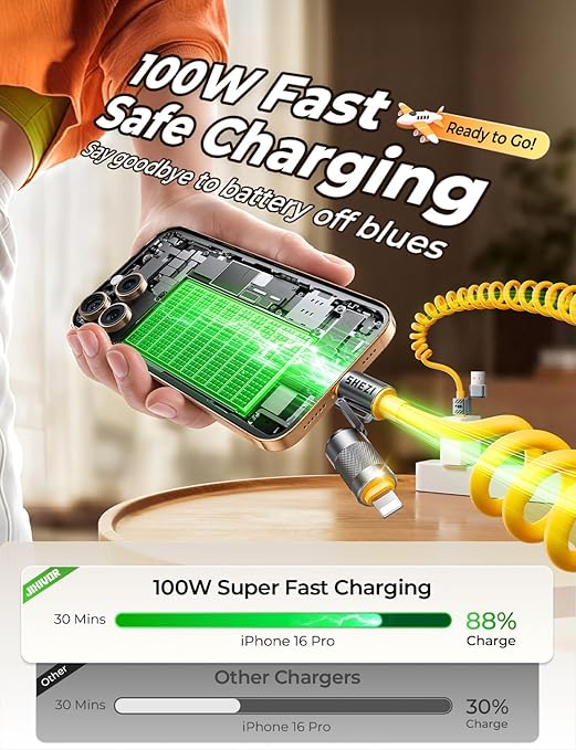 Coiled Cable 4-in-1 USB C Cable 100W Compatible with Lightning Cable Fast Charging & Data Transfer, Support to CarPlay & Android Auto, 5FT Multi Cord Combo Charger for iPhone/iPad