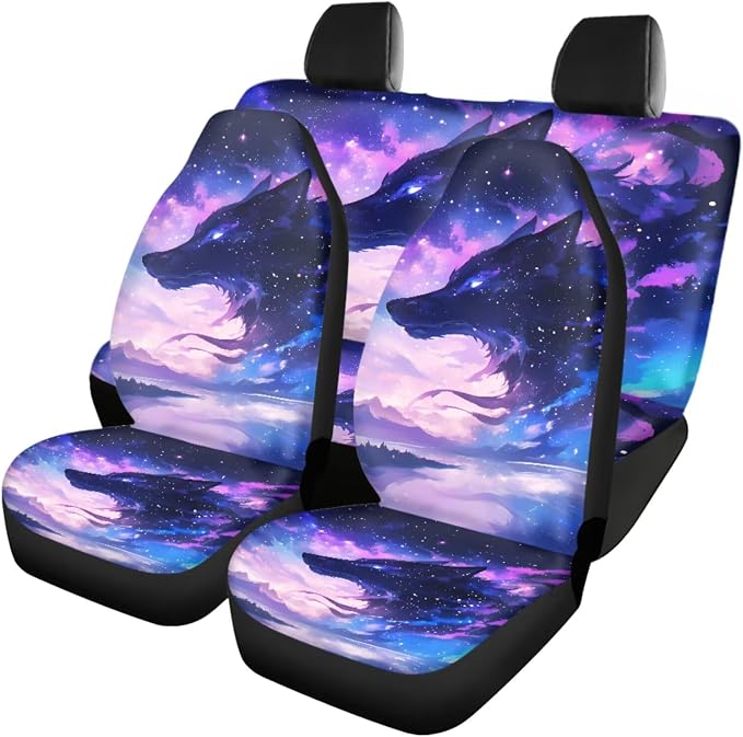 18 Pcs Purple Nebula Wolf Car Seat Covers Full Set Auto Interior Accessories with Steering Wheel Cover Floor Mats Armrest Cover Seat Belt Pads Roof Handle Wraps Cup Coaster Keychain