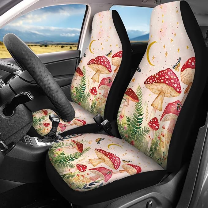 17Pcs Mushroom Car Accessories Full Set for Women Man,Starry Sky Mushroom Car Seat Covers Set for Front and Rear,Steering Wheel Cover Seat Belt Protector Set Car Floor Mats,Easy to Install
