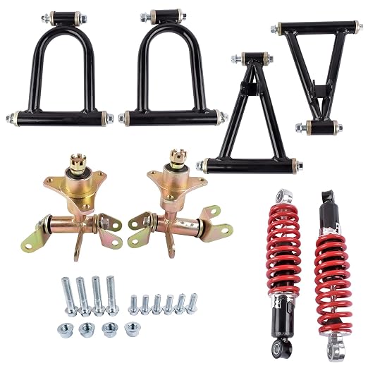11'' Front Suspension Shock Swing Arm Full Kit Upper Lower Steering Knuckle Spindle Kit Replacement for DIY ATV Quad Bike Buggy Go Kart Parts