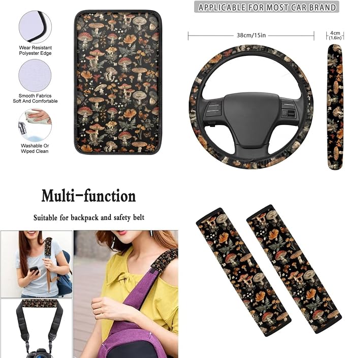 Mumeson Mushrooms Print Car Seats Seat Covers with Universal 15inch Car Steering Wheel Cover Car Armrest Seat Box Cover Auto Seatbelt Covers Shoulder Pad 8 Pack Set Car Accessories