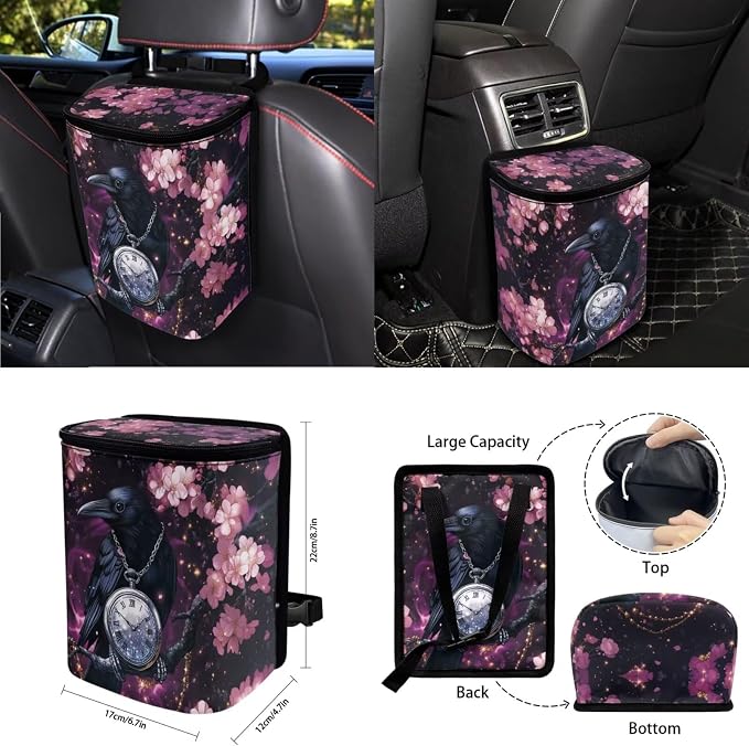 Purple Floral Moon Raven Car Seat Covers Full Set for Women Floral Car Accessories Steering Wheel Cover Seatbelt Pad Coasters Trash Can Car Headrest Pillow Covers Armrest Pad