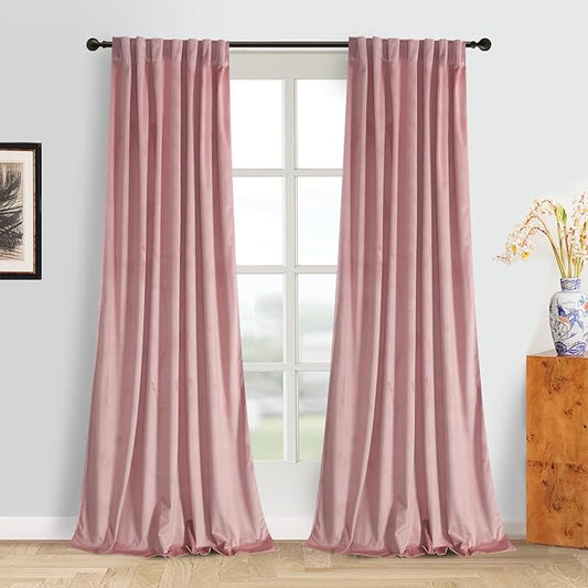 Roslynwood Luxury Soft Dusty Pink Velvet Curtains 84 inches Long Back Tab Thermal Insulated Blackout Window Drapes for Living Room/Bedroom/Dining Room, W52 x L84, 2 Panels