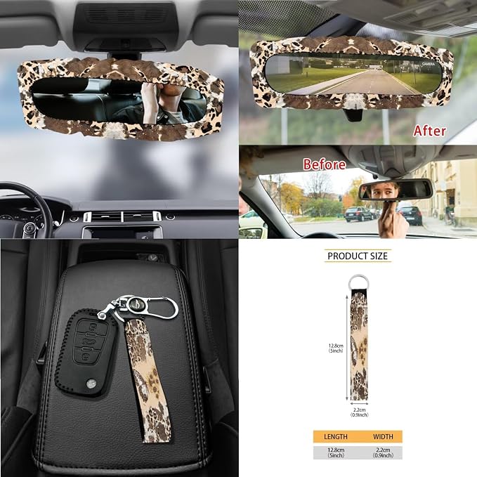 Butterfly Sunflower Print Car Seat Cover Sets for Women Full Set Leopard Cow Print Car Front and Rear Seat Covers with Steering Wheel Cover Safety Belt Pads Garbage Bag Coasters