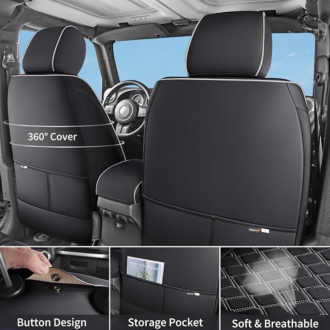 Huidasource Seat Covers for Jeep Wrangler JL 2018-2026, Cupholder Compatible, Waterproof Leather Seat Cover Full Set for Jeep Wrangler JL 4-Door, Custom Fit Seat Cushion Covers (Full Set/Black&White)