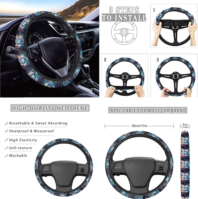 AFPANQZ Wolf Starry Sky Car Seat Covers Full Set 11 Pcs Front and Rear Bench Cushion with Steering Wheel Cover Seatbelt Pads Neoprene Handbrake and Gear Shift Knob Cover Decor Car Coasters