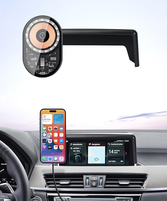 Wireless Charging car Phone Holder for 2016-2022 BMW X1 / 2018-2023 X2 Accessories 8.8-inch Screen Fixed Clip,Non-Obstructing Navigation,MagSafe Compatible, Vibration-Proof, 360° Rotation