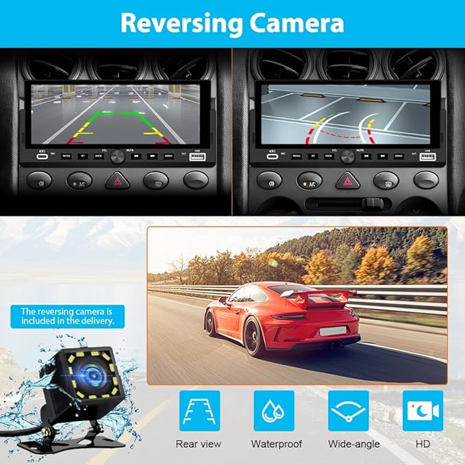 6.86 inch Single Din Car Stereo with CarPlay&Android Auto HD IPS Touchscreen Radio with Bluetooth 5.0, 720P BackupCamera with 6M Cable, Support USB Type-C Charging/USB/Microphone/FM/EQ/GPS/SWC
