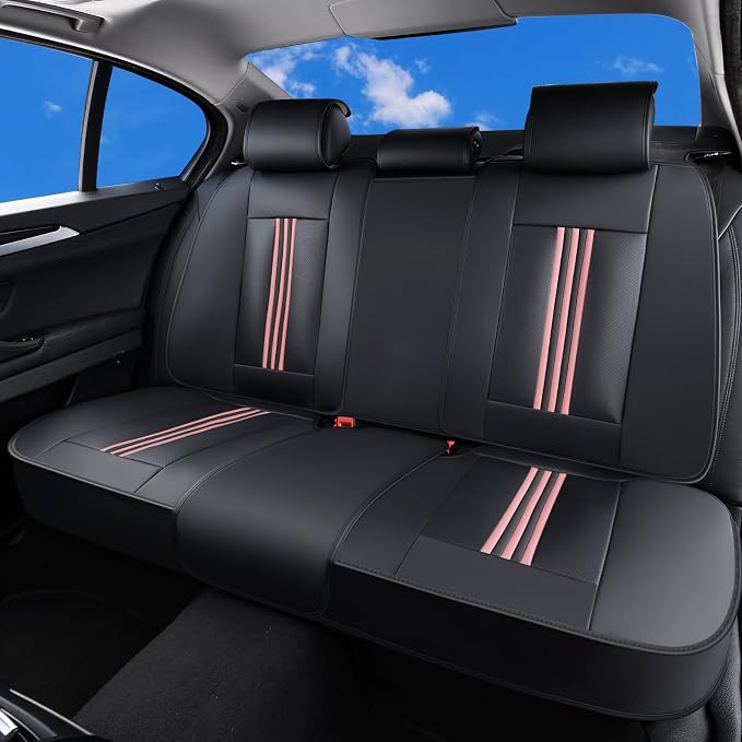 Huidasource Rear Car Seat Cover, Nappa Leather Rear Seat Cover with Ventilation Holes, Velcro Adjustable, Compatible with Seat Belts, Child Seats, Universal Fit for Most Cars SUV Truck, Black＆Pink