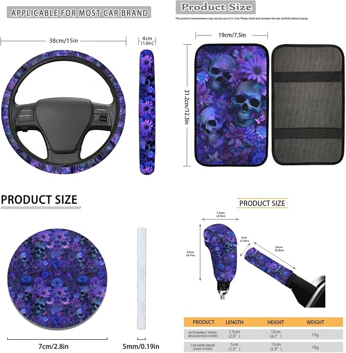 Lotusorchid Skull Print Car Seat Covers Set for Women Girls, Daisy Printed Car Seat Covers Full Set with Gear Lever Cover and Hand Brake Cover Steering Wheel Protector Vehicle Seat Belt Pad