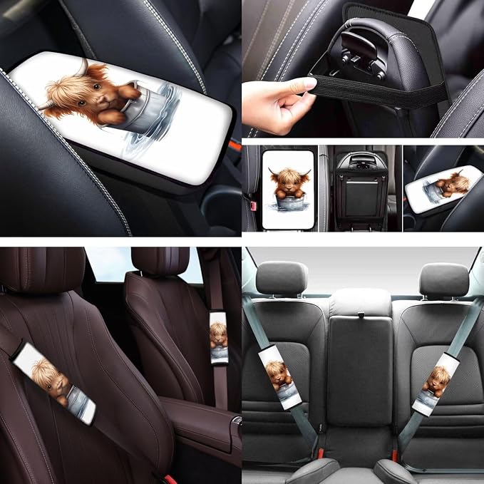 Highland Cow 12 Pcs Car Seat Covers Full Set with Auto Steering Wheel Cover Armrest Cushion Protector Seat Belt Covers Automotive Interior Sets Universal Fit for Cars SUV