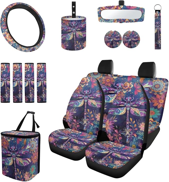Boho Floral Dragonfly Auto Interior Accessories Car Seat Covers with Auto Steering Wheel Cover Seat Belt Covers Car Trash Can View Mirror Cover Coaster Keychains