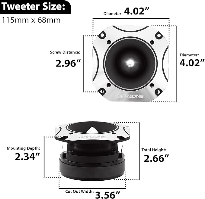 2X War-Zone WZ60TW 4.02-Inch Super Tweeter Speaker, 4 Ohm, 3200W Total Max Power, 105dB Sensitivity, Titanium Diaphragm, CCAW Voice Coil for Pro Car Audio (Pair)