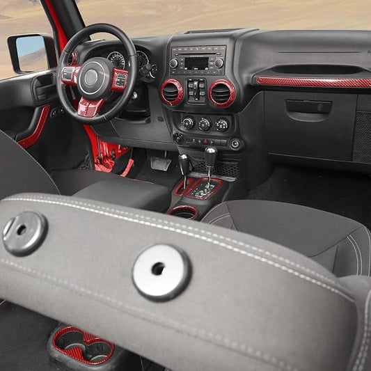 Hoolcar Steering Wheel Cover Gear Shift Panel Trim Cover Water Cup Holder Cover Kit Interior Accessories Kit Fit for Jeep Wrangler JK JKU 2011-2018, 4-Door, Red Carbon Fiber