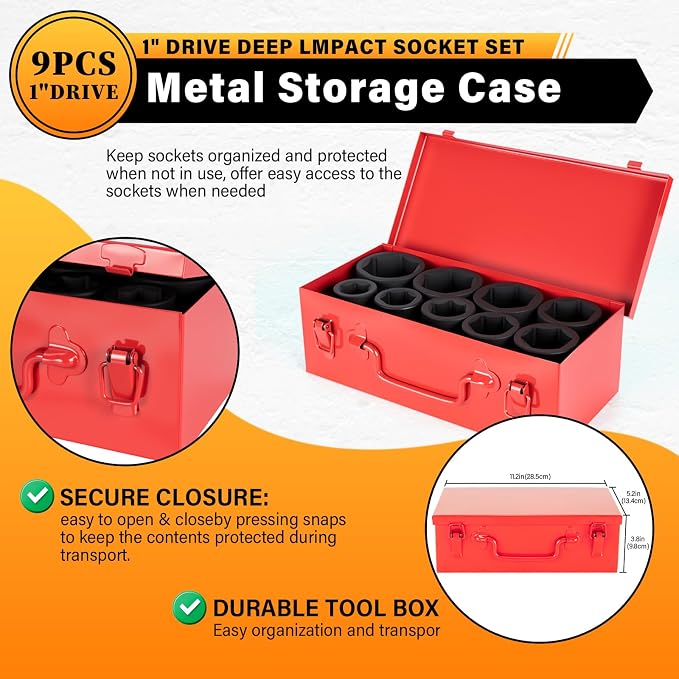 1" Drive Jumbo Impact Socket Set,9 PCS SAE (1",1-1/8",1-1/4",1-3/8",1-1/2",1-5/8",1-3/4",1-7/8",2") Universal Hex Deep Socket Combination,CR-MO Alloy Steel,Heavy Duty Storage Case