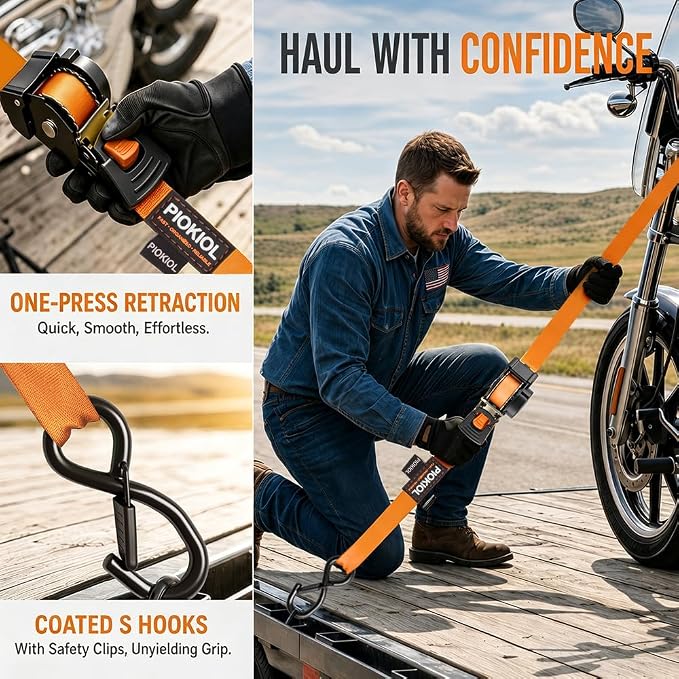 Retractable Ratchet Straps (4-Pack) - 1 Inch x 10 Feet (1,764lb Break Strength) - Heavy Duty Auto Self Retracting Tie Down Straps for Truck, Cargo Trailer, Motorcycle, ATV, UTV – Orange