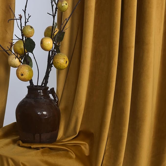 Roslynwood Luxury Soft Mustard Velvet Curtains 108 inches Long Back Tab Thermal Insulated Blackout Window Drapes for Living Room/Bedroom/Dining Room, W52 x L108, 2 Panels