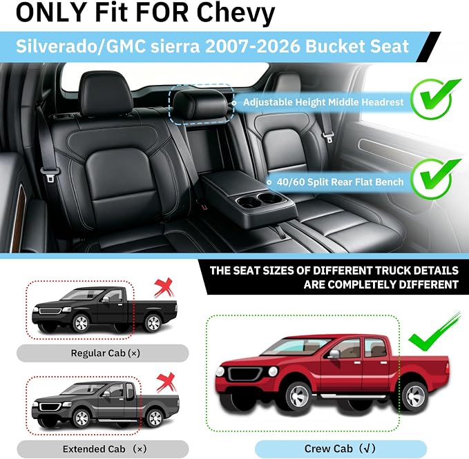 JAOGAUS for Chevy Silverado 1500 Rear Seat Covers 2007-2025 2026 | Custom Fit for GMC Sierra 1500 Nappa Leather 60/40 Rear Seat Cover , Waterproof Black Trucks Pickup Seat Covers for Crew Cab