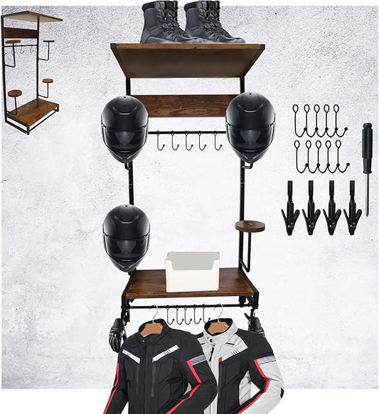 Motorcycle Helmet Holder Wall Mounted Motorcycle Gear Helmet Hook Rack Storage Helmet Hanger Display Stand Football Helmet Wall Mount with 2 Layer Wooden Boards and 4 Hat 14 Accesorios(Upgraded)