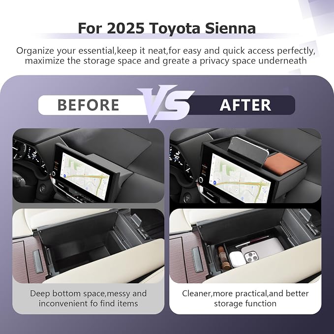 LUWU 2025 2026 Sienna Accessories for 2025 2026 Toyota Sienna Accessories Dashboard Storage Tray Center Console Organizer, Armrest Console Tray Storage Box Black 2-Pack (ONLY for 12.3-INCH Screen)