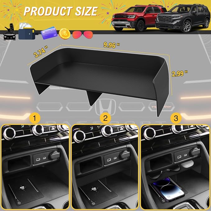 Center Console Organizer Secondary Storage for 2026 Honda Passport Trailsport / 2023 2024 2025 Honda Pilot Central Control Storage Tray Insert Divider Cubby Interior Accessories
