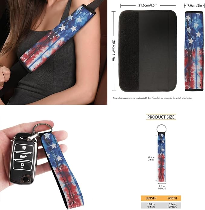 Patriotic Auto Interior Accessories USA Flag Car Seat Covers with Auto Steering Wheel Cover Seat Belt Covers Car Trash Can View Mirror Cover Coaster Keychains