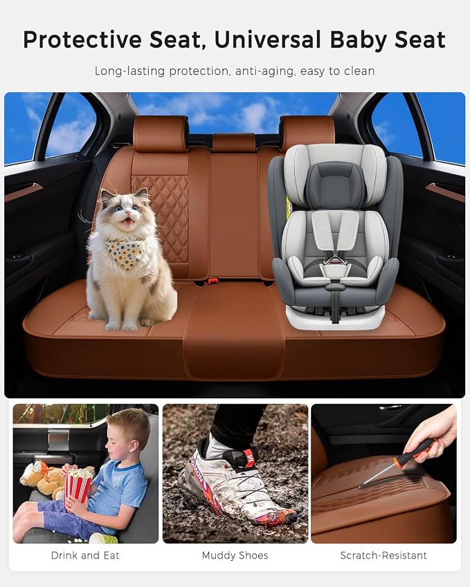 Huidasource Brown Back Seat Covers, Nappa Leather Rear Seat Covers Velcro Adjustable, Compatible with Seat Belts, Child Safety Seats, Universal Fit for Most Cars SUVs Trucks (Back Row/Brown)
