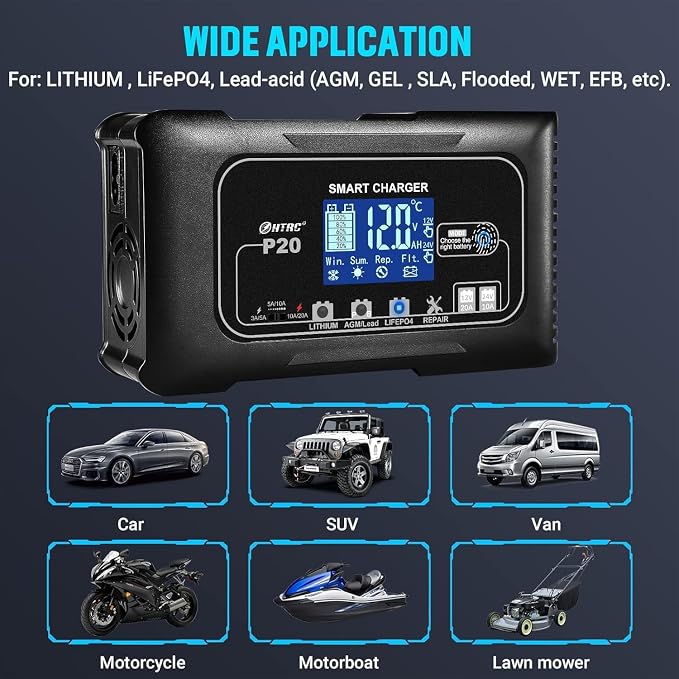Battery Charger, Smart 0-20A 12V/24V Trickle Charger, Portable Car Battery Charger with 9 Stages of Charging for LiFePO4, Lead-Acid, and Lithium Batteries, with Battery Repair Function