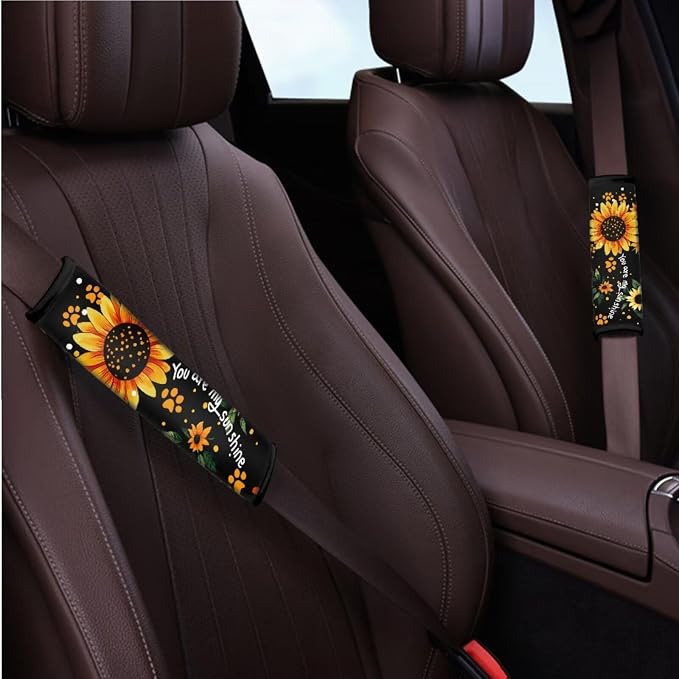 BIGCARJOB Sunshine Sunflower Car Seat Covers Full Set 12 Pcs Cute Dog Paw Print Car Accessories Interior Seat Protector for Womens Seat Belt Cover,Armrest Pads,Cup Holder Coaster