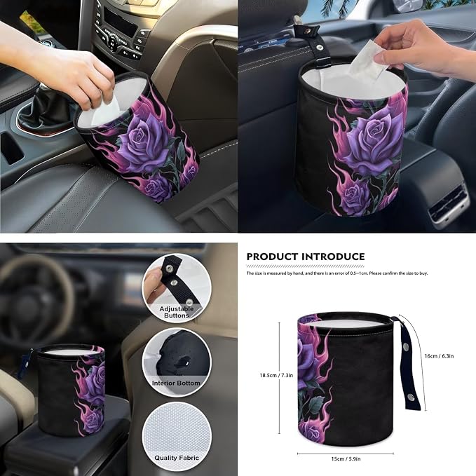Purple Rose 15 PCS Car Seat Cover Set with Auto Steering Wheel Cover Seat Belt Strap Protector Cup Holder Trash Bag Rear View Mirror Protector Keychain