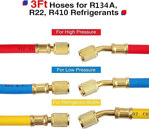 R410A Manifold Gauge Set, 3 Way AC Diagnostic Manifold Gauge Set for R410a R22 R134a R404a Refrigerant,Automotive AC Manifold R410a Adapters,with 3ft Hoses
