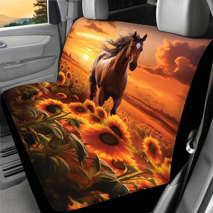 Horse Sunflower Car Accessories Full Set 18 Pcs Brown Horse Car Seat Covers Full Set Steering Wheel Car Covers Seat Belt Pads Cover Vehicle Trash Bag Armrest Box Pad Universal Fit