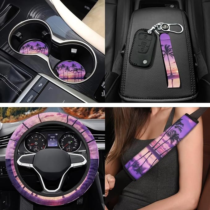 Palm Trees Sunset 11 Pack Car Seat Covers Sets Car Front Seat Cover Auto Seat Belt Cover Rear View Mirror Cover Cup Coasters Keychain Holder Universal Fit Most Cars SUV