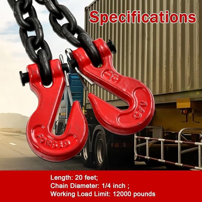 Heavy Duty G80 Transport Binder Chain 1/4'' Inch x 20 Feet,Tow Chain with G70 Clevis Grab Hooks,3300 lbs Safe Working Load Logging for Transporting, Towing(1/4'' x 20FT Black)-2 Packs.