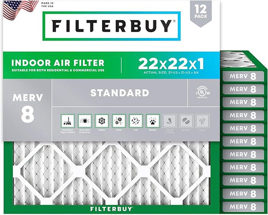 Filterbuy 22x22x1 Air Filter MERV 8 Essential Dust & Allergy Defense (12-Pack), Electrostatic Pleated HVAC AC Furnace Filters Replacement (Actual Size: 21.50 x 21.50 x 0.75)