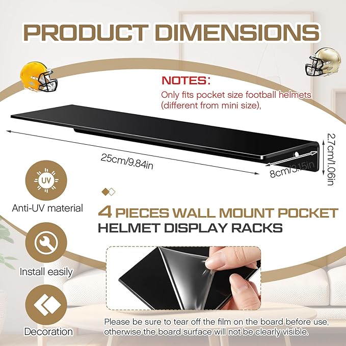 Colingmill Wall Mount Pocket Size Helmet Display Racks 9.84 x 3.15 x 1.06 Inches Acrylic Pocket Size Football Helmet Display Racks 16 Team for Collecting Game Helmets